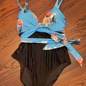 NWT Cupshe Floral Blue and Black One Piece Swimsuit